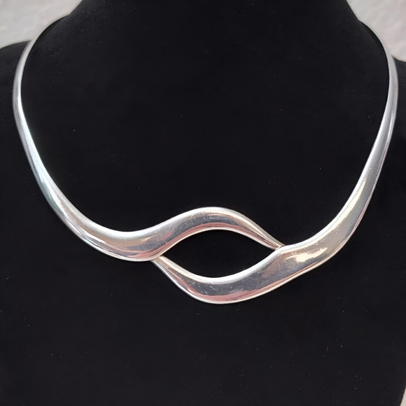 TAXCO Solid Sterling Silver Modernist Wave Eyelet Open back Collar Necklace - Picture 12 of 12